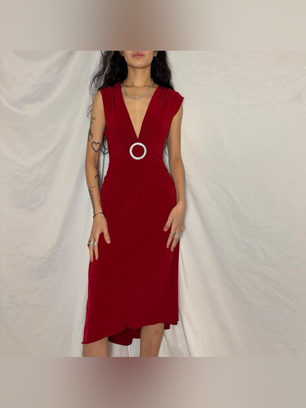 Candie’s Y2K Cherry Red Cocktail Midi Dress W Silver Rhinestone Detail